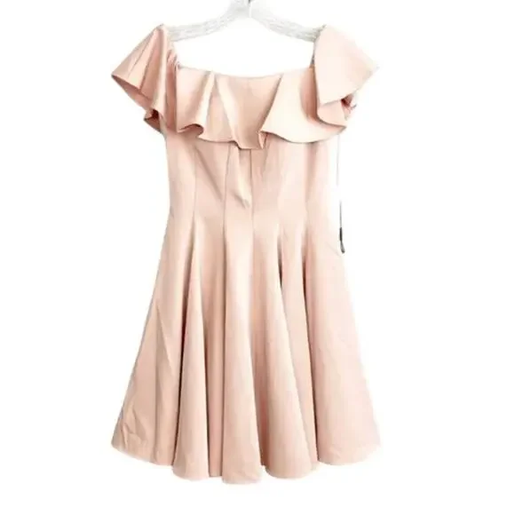 La Femme NWT Blush Pink Ruffled Off Shoulder Fit & Flare Dress- Size 4 - Picture 9 of 11